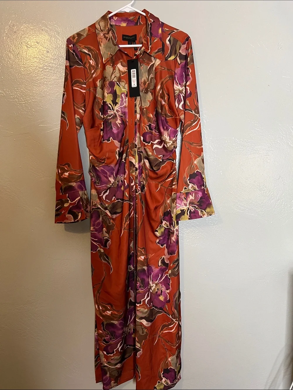 Donna Karan Midi Dress  Floral Print Long Sleeve Shirt Dress - Rust & Purple NWT - Picture 2 of 6